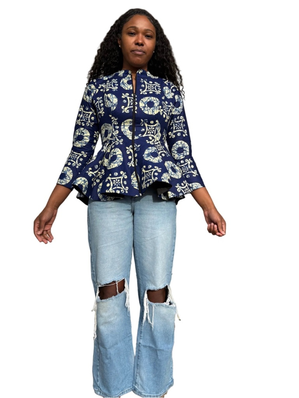 African Print Peplum Zip-Up Jacket  Top